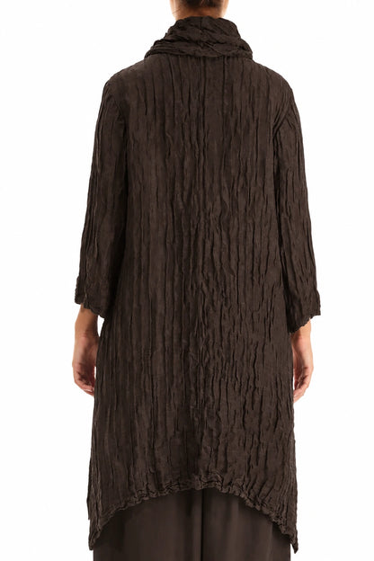 Detachable Collar Crinkled Truffle Brown Silk Linen Tunic 2