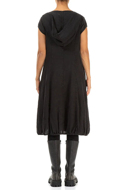 Detachable Hood Black Linen Dress