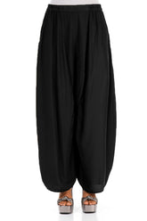 Detailed Loose Black Silk Bamboo Trousers 1