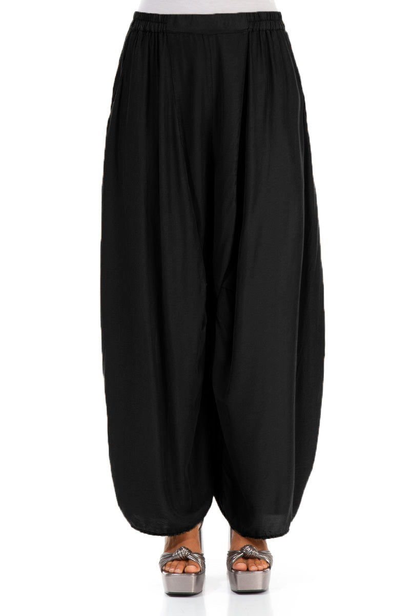 Detailed Loose Black Silk Bamboo Trousers 1