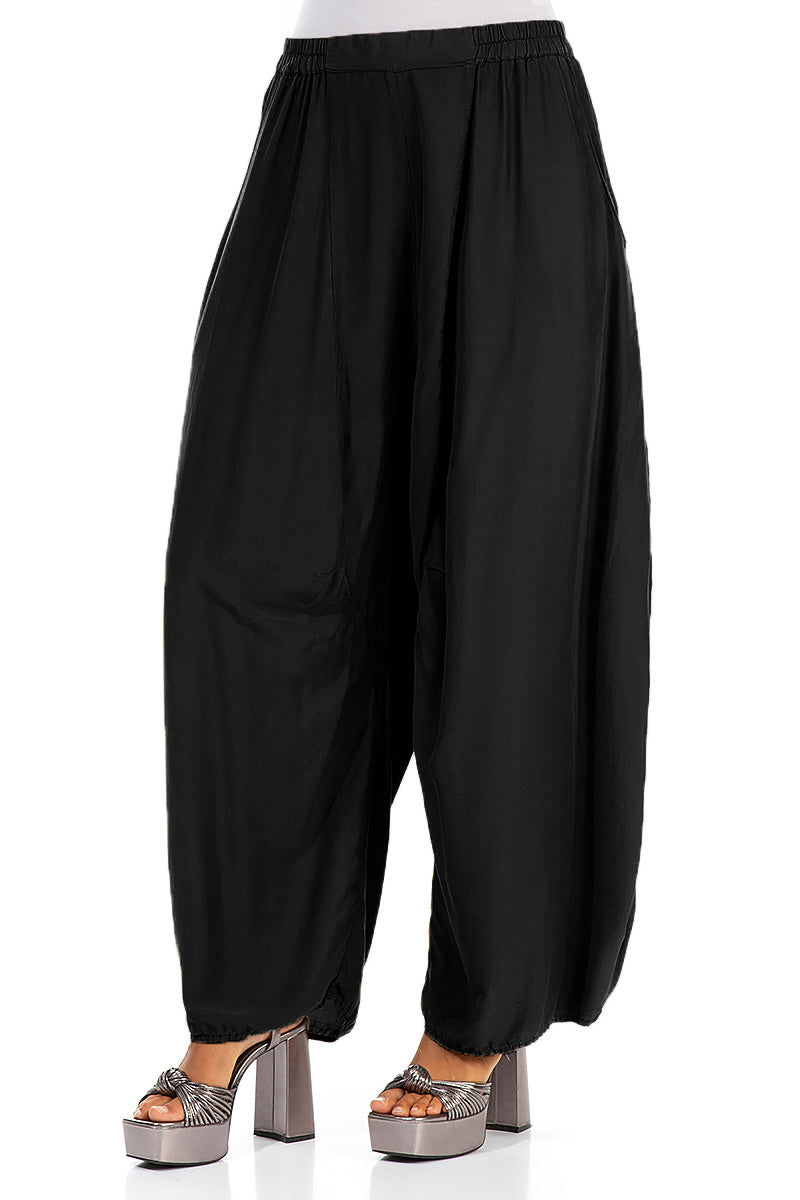 Detailed Loose Black Silk Bamboo Trousers 3