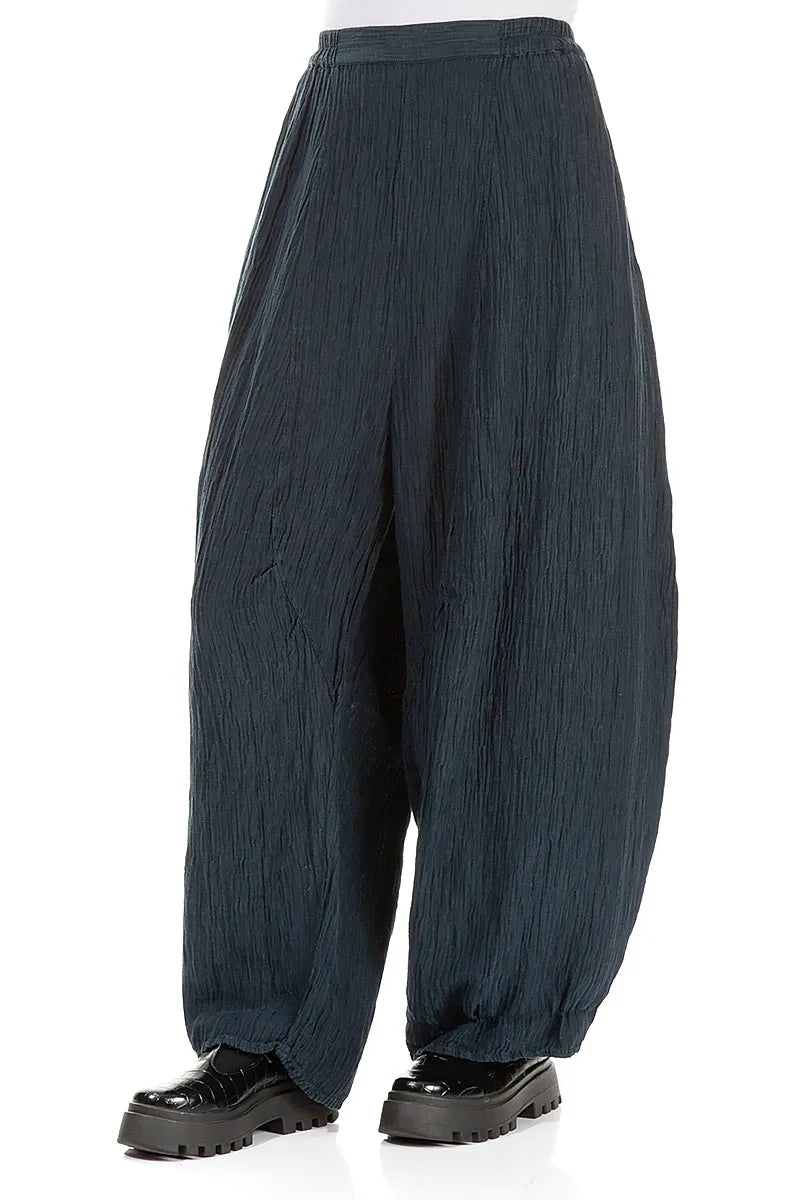 Detailed Loose Crinkled Navy Silk Trousers 3