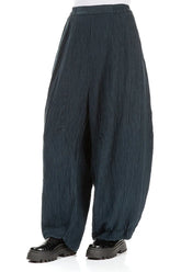 Detailed Loose Crinkled Navy Silk Trousers 3