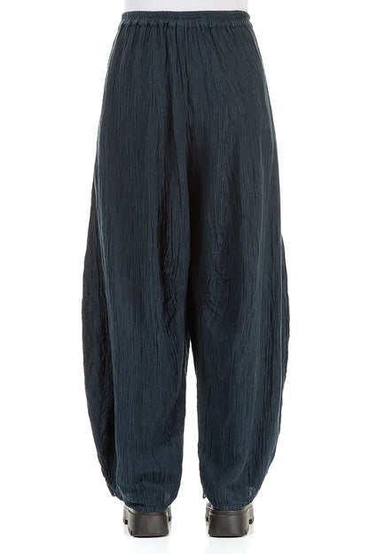 Detailed Loose Crinkled Navy Silk Trousers 2