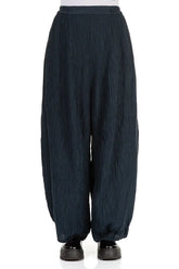 Detailed Loose Crinkled Navy Silk Trousers 1