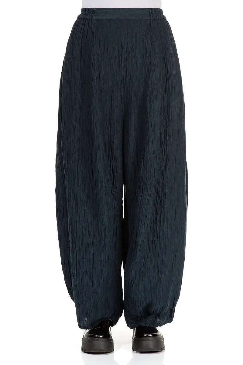 Detailed Loose Crinkled Navy Silk Trousers 1
