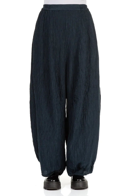 Detailed Loose Crinkled Navy Silk Trousers 1