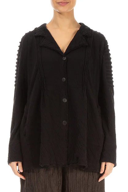 Detailed Shoulder Black Wavy Cotton Jacket