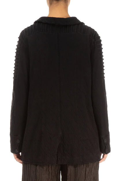 Detailed Shoulder Black Wavy Cotton Jacket