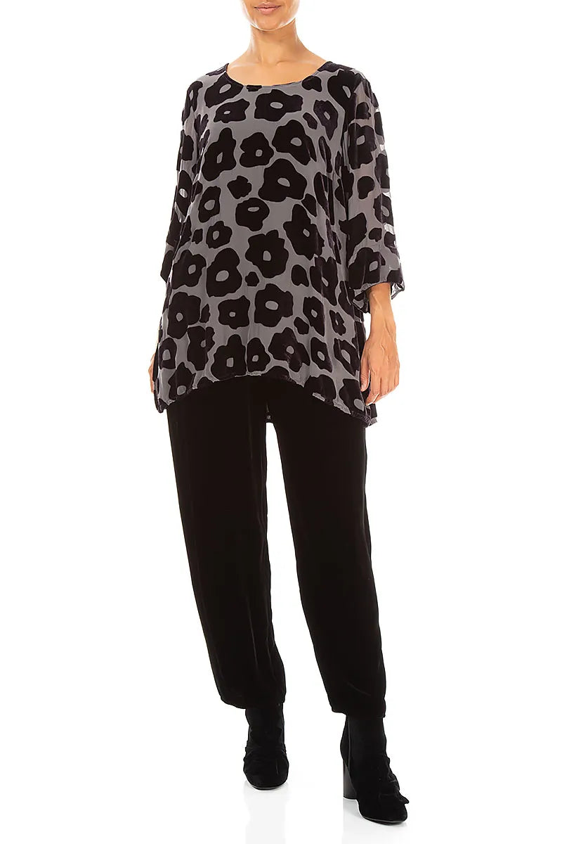 Devoré Flowers Charcoal Silk Velvet Tunic 4