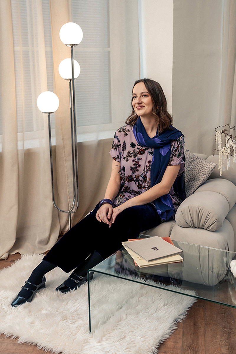 Devoré Leaves Royal Purple Silk Scarf 1