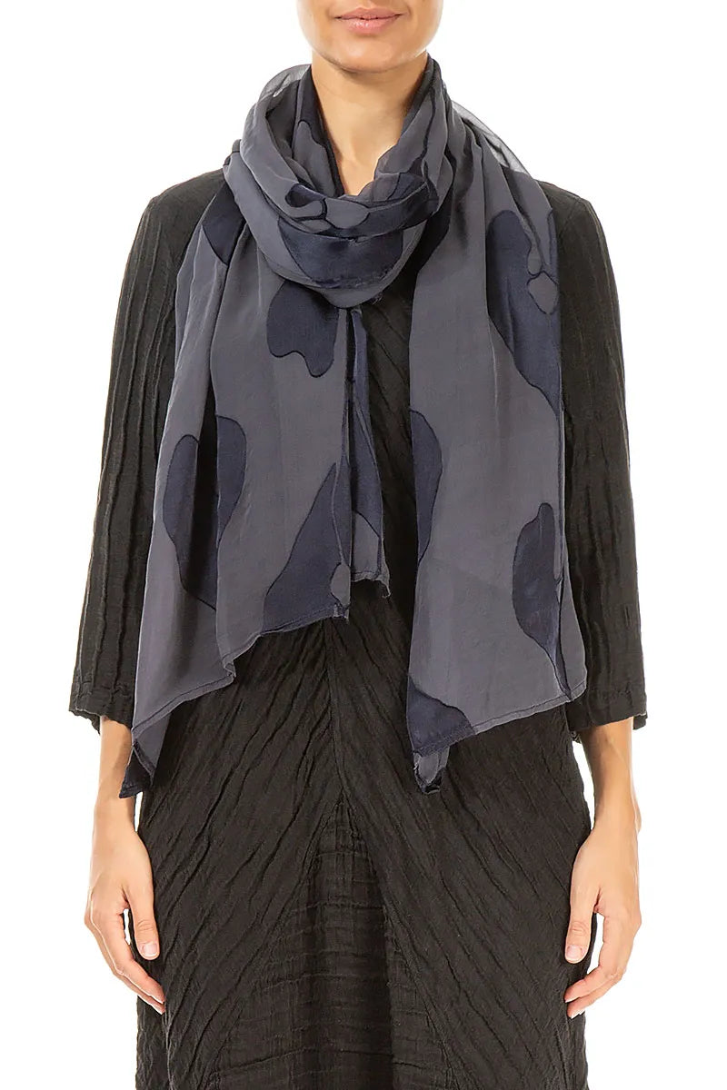 Devoré Leaves Slate Blue Silk Scarf 1
