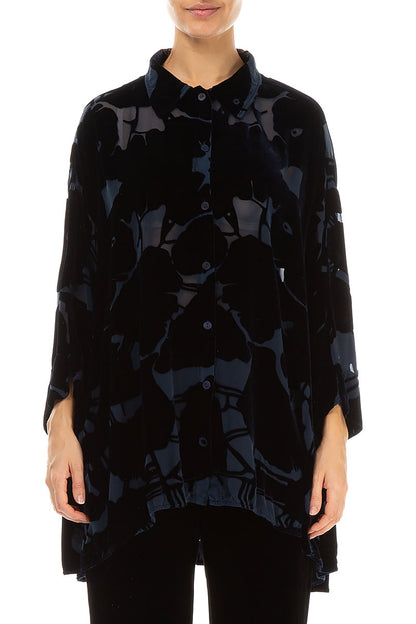 Devoré Pattern Midnight Blue Silk Velvet Shirt 1