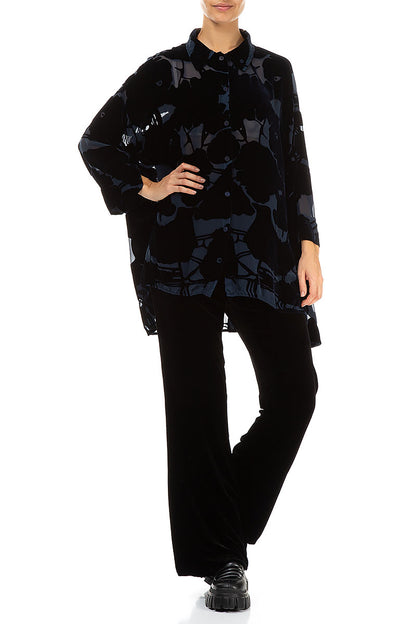 Devoré Pattern Midnight Blue Silk Velvet Shirt 4