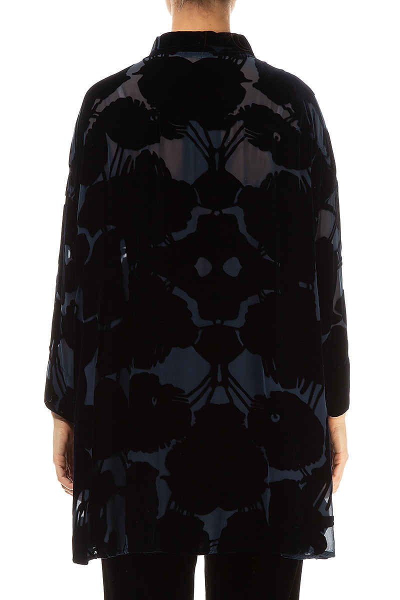 Devoré Pattern Midnight Blue Silk Velvet Shirt 2