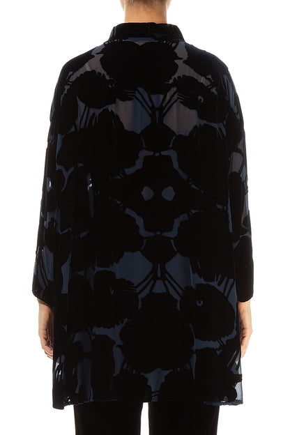 Devoré Pattern Midnight Blue Silk Velvet Shirt 2