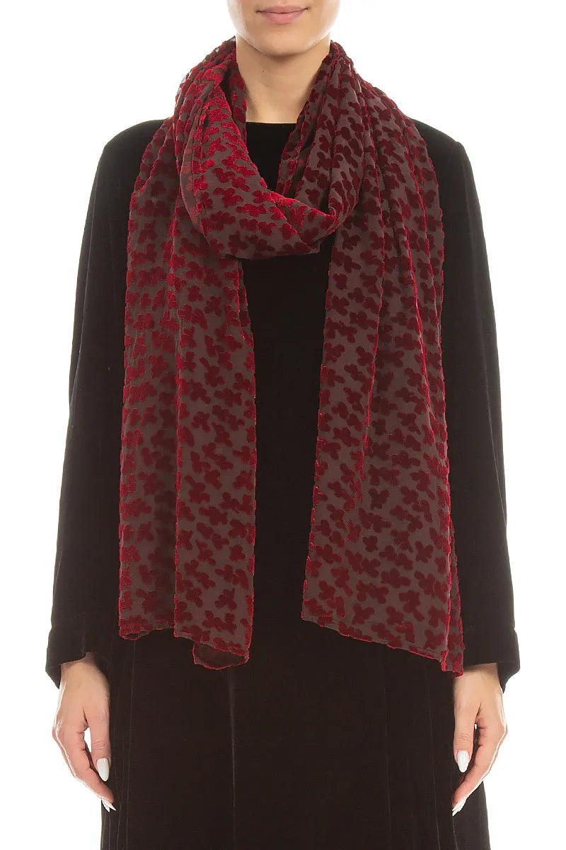 Devoré Petals Cherry Red Silk Velvet Scarf