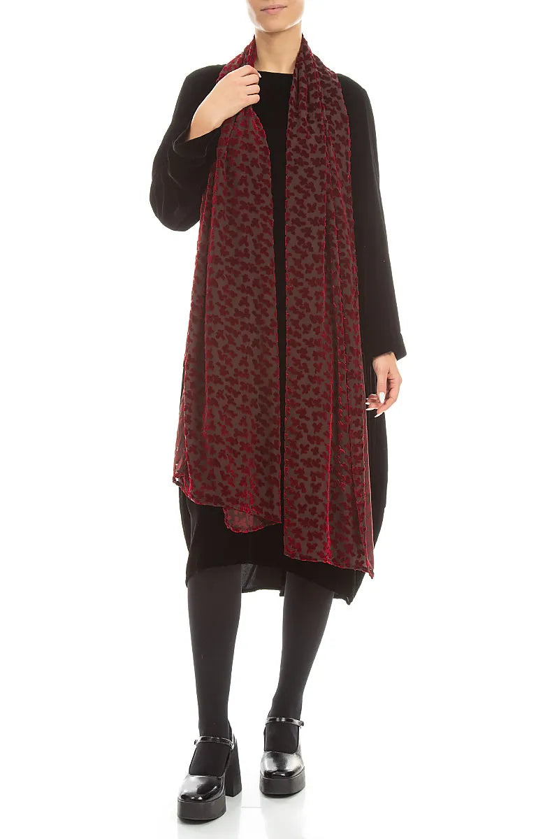 Devoré Petals Cherry Red Silk Velvet Scarf