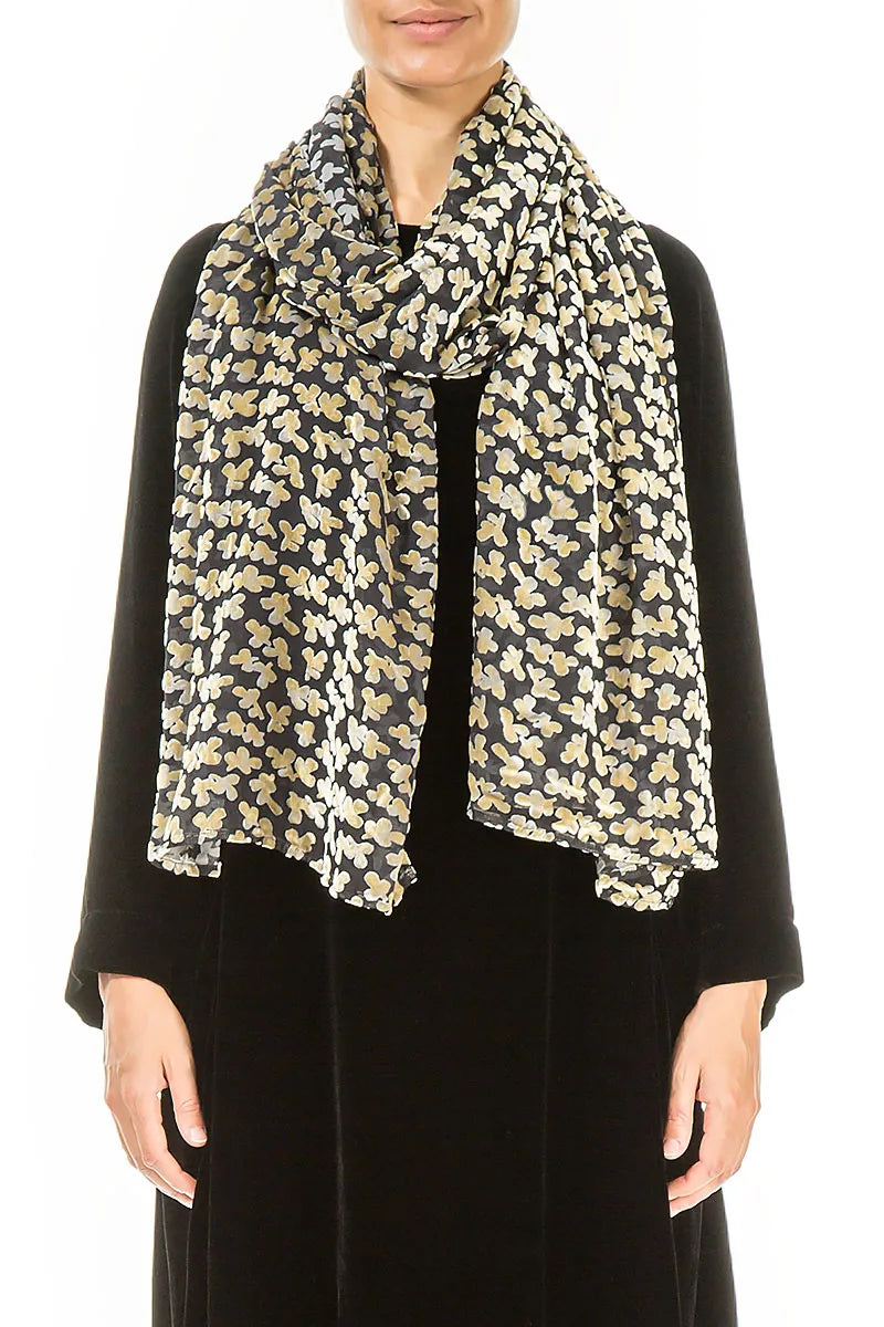 Devoré Petals Gold Silk Velvet Scarf 1