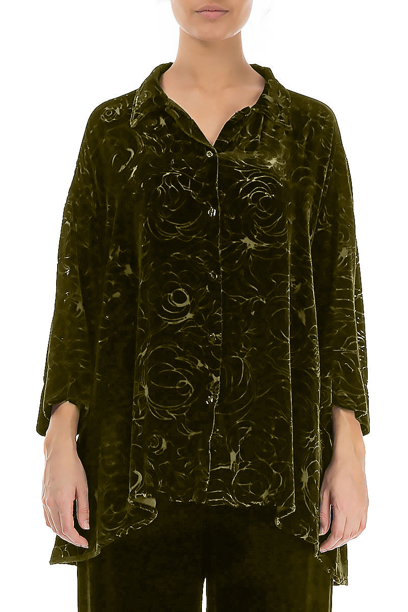 Devoré Roses Forest Mist Silk Velvet Shirt