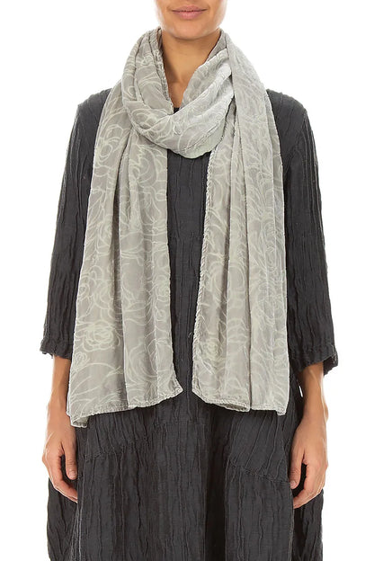Devoré Roses Pearl Grey Silk Velvet Scarf 1