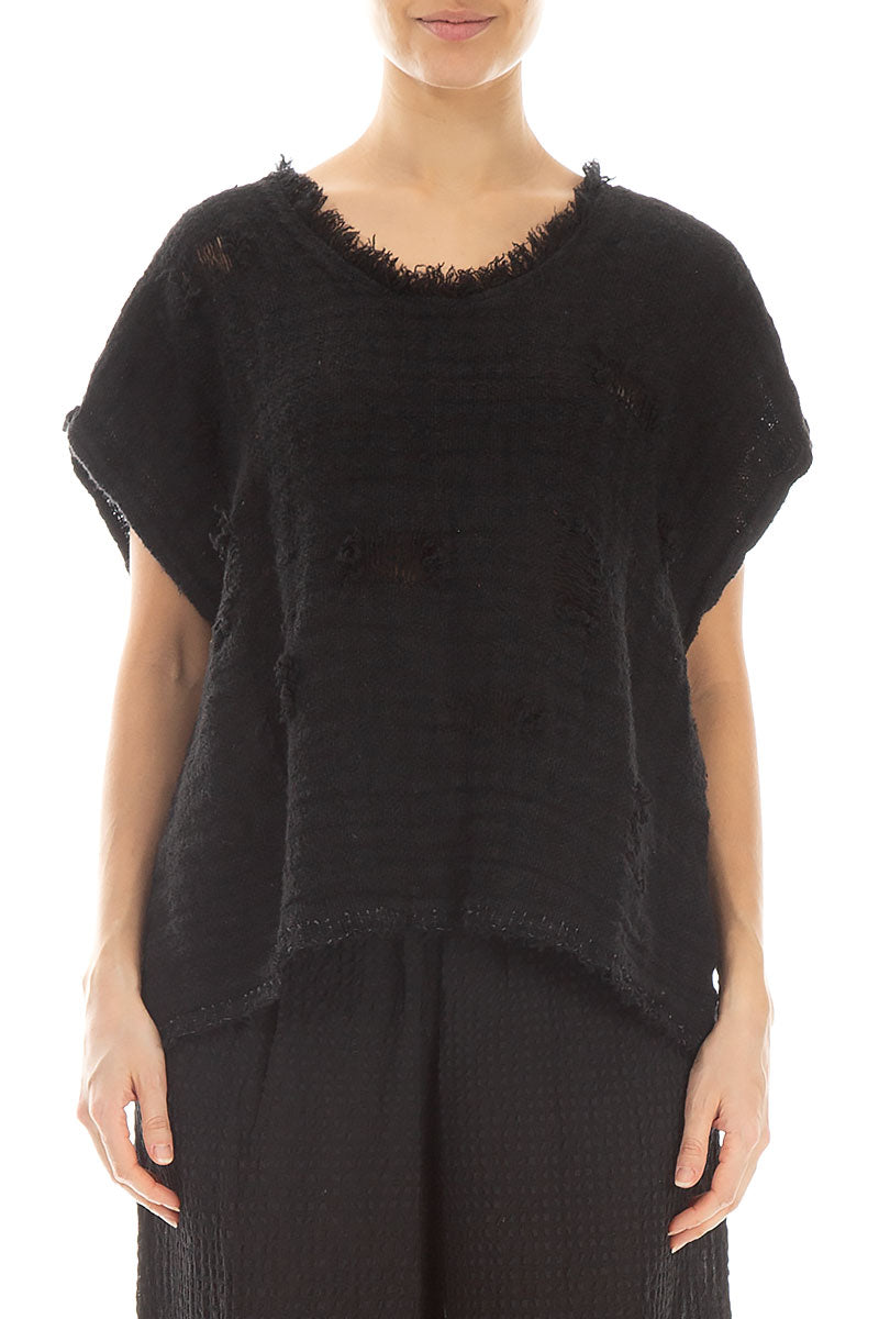 Distressed Black Handwoven Linen Blouse 1