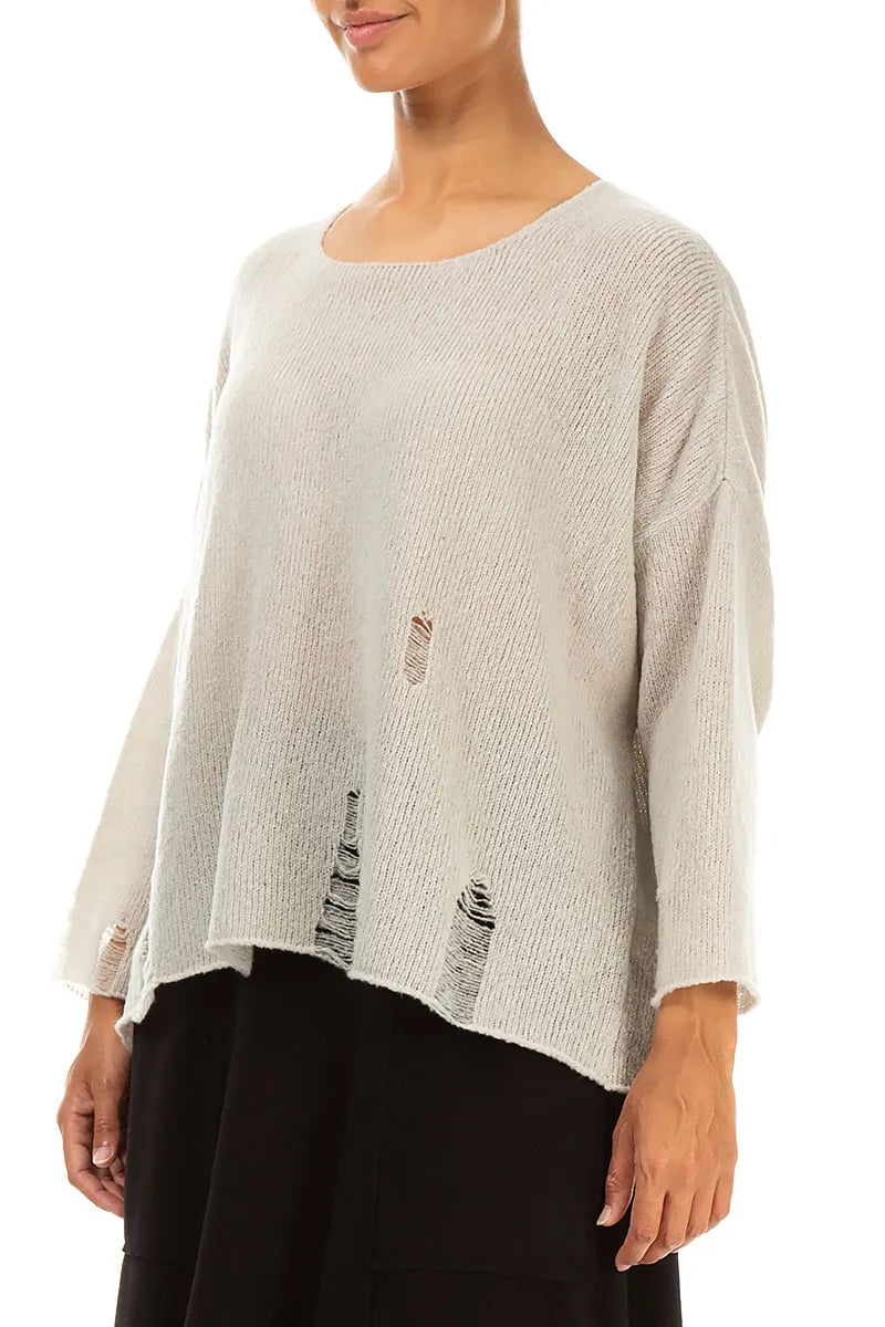 Distressed Hem Beige Wool Sweater 3