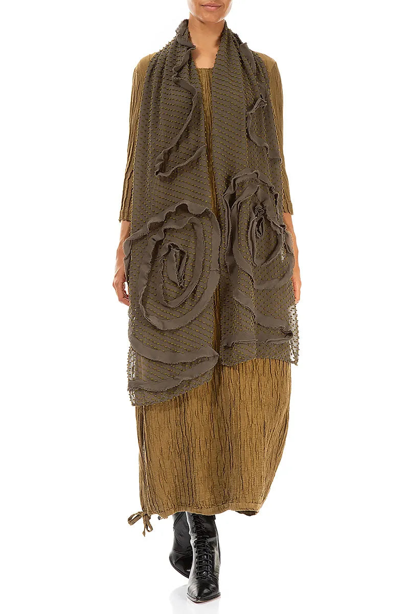 Foulard en soie kaki à pois et fleurs à volants