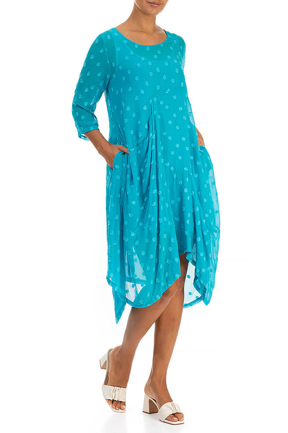 Draped Bright Turquoise Dotty Silk Dress 4