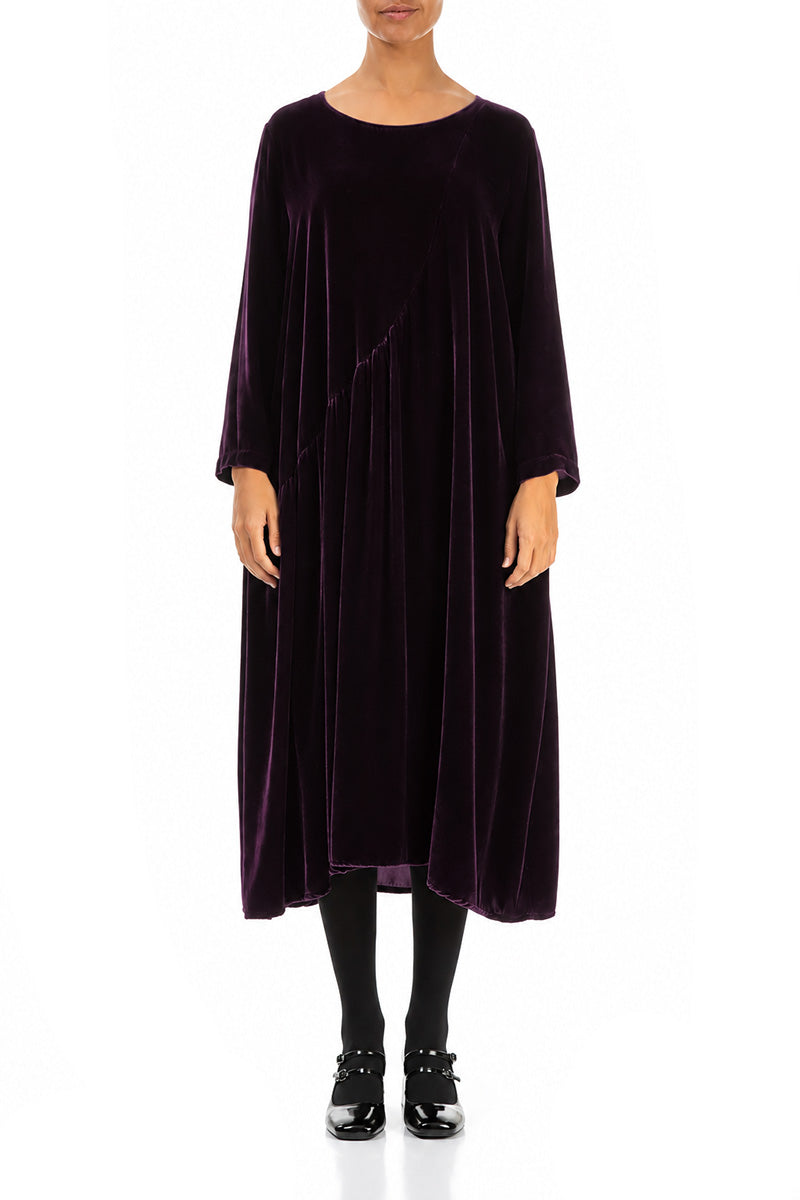 Robe drapée en velours de soie prune foncé