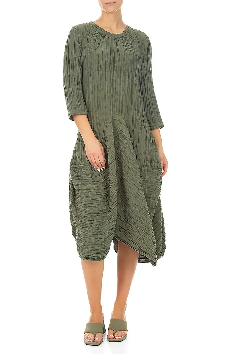 Draped Forest Mist Crinkled Silk Linen Dress 3
