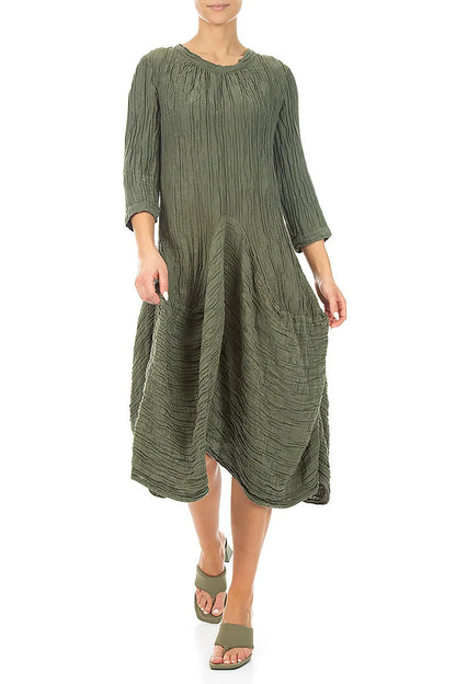 Draped Forest Mist Crinkled Silk Linen Dress 4