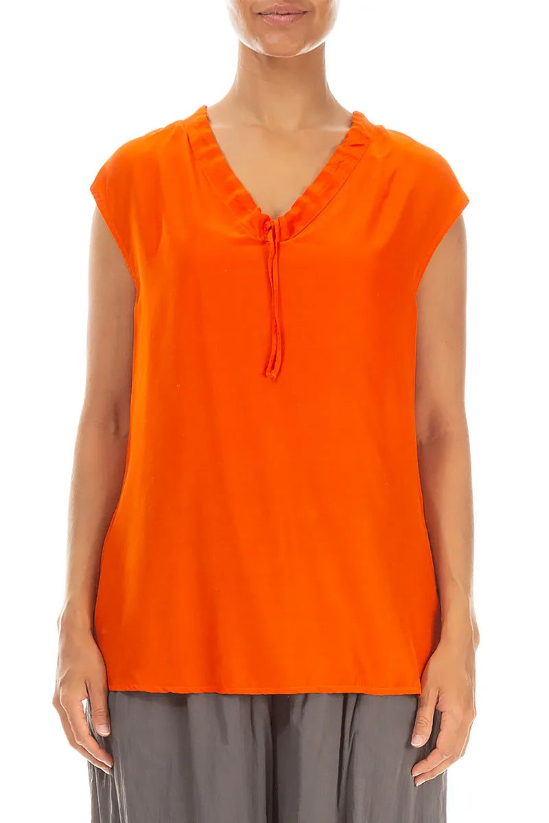 Draped V-Neck Flame Orange Silk Bamboo Blouse 1