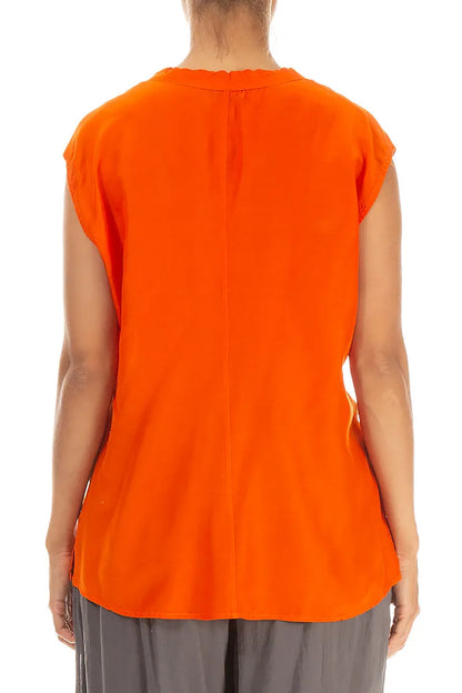 Draped V-Neck Flame Orange Silk Bamboo Blouse 2