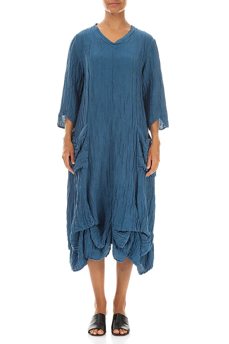 Draped Crinkled Denim Blue Silk Linen Dress