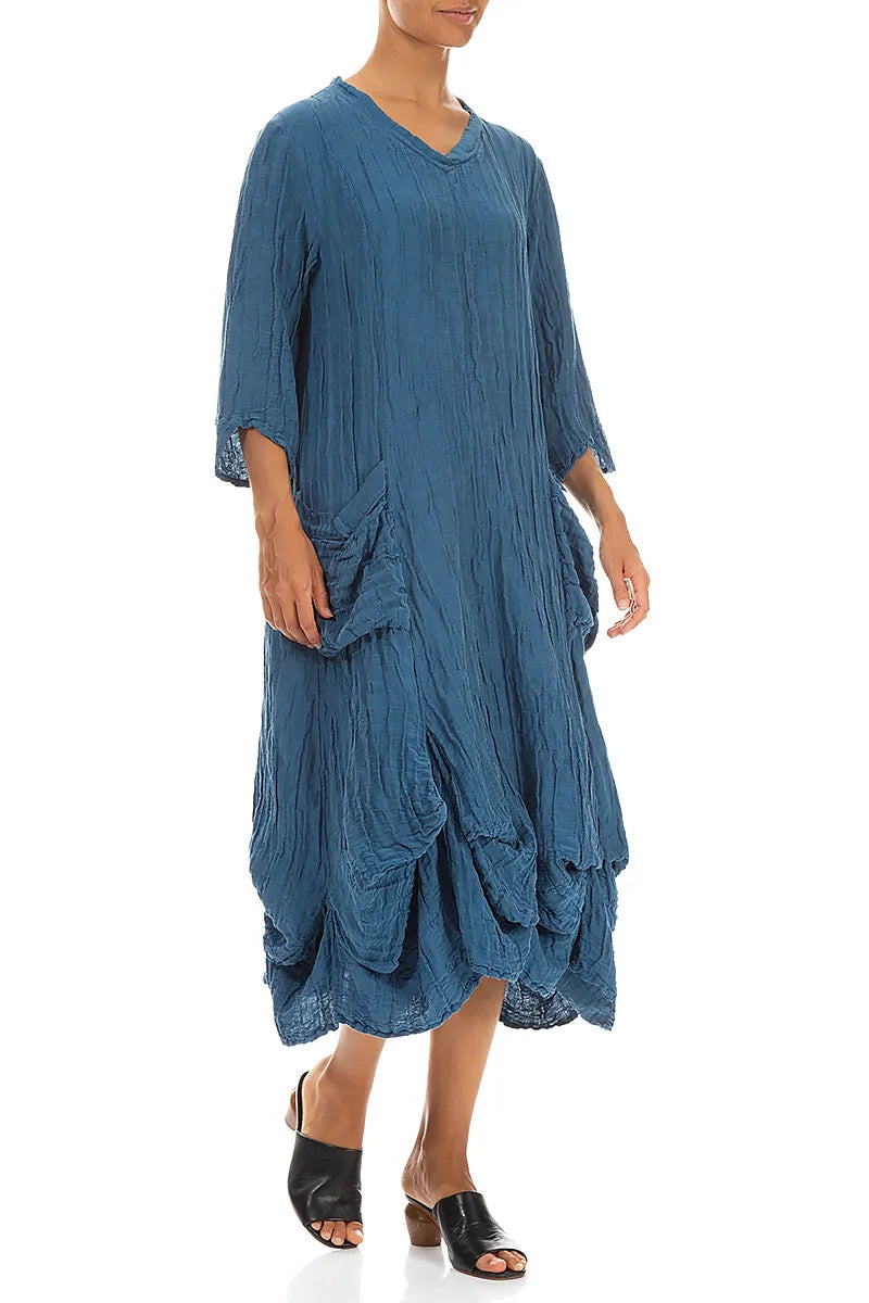 Robe drapée en soie et lin froissée, denim bleu