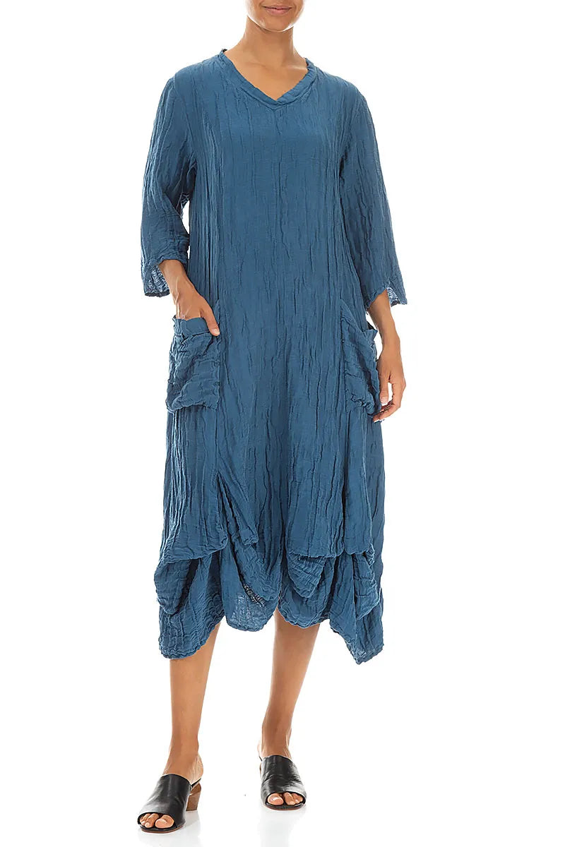 Robe drapée en soie et lin froissée, denim bleu