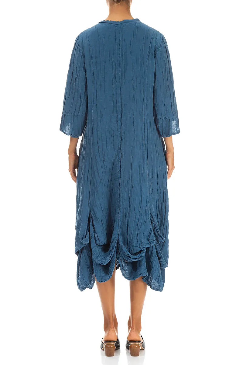 Robe drapée en soie et lin froissée, denim bleu