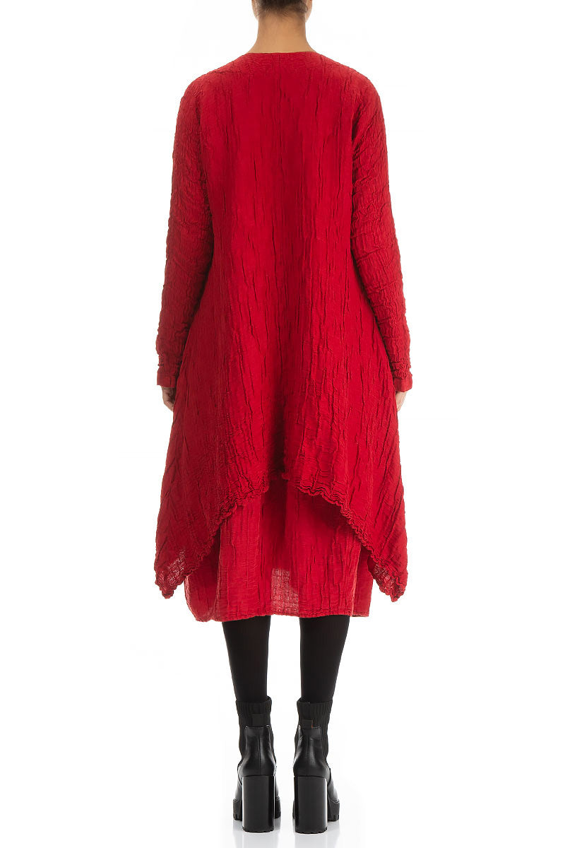 Dropped Edge Crinkled Cherry Red Silk Linen Jacket 2