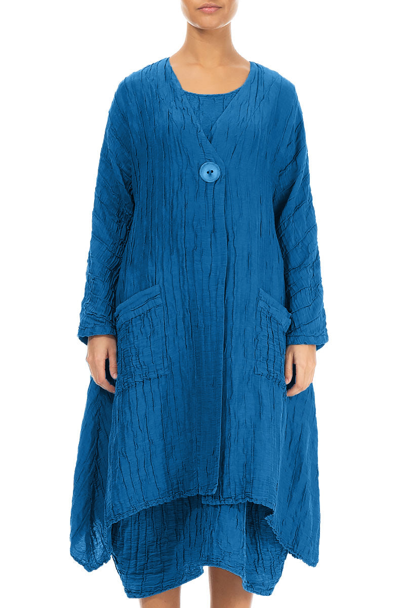 Dropped Edge Crinkled Cobalt Blue Silk Linen Jacket 1