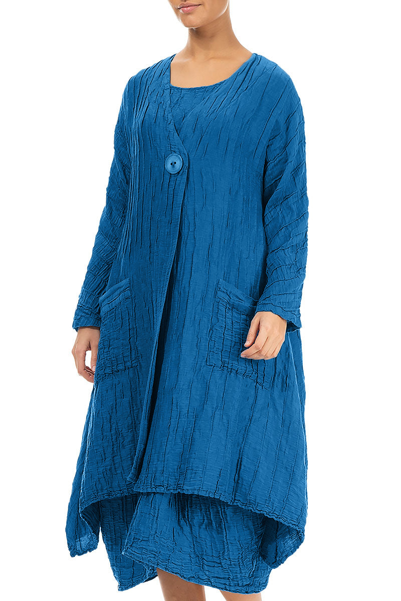 Dropped Edge Crinkled Cobalt Blue Silk Linen Jacket 3