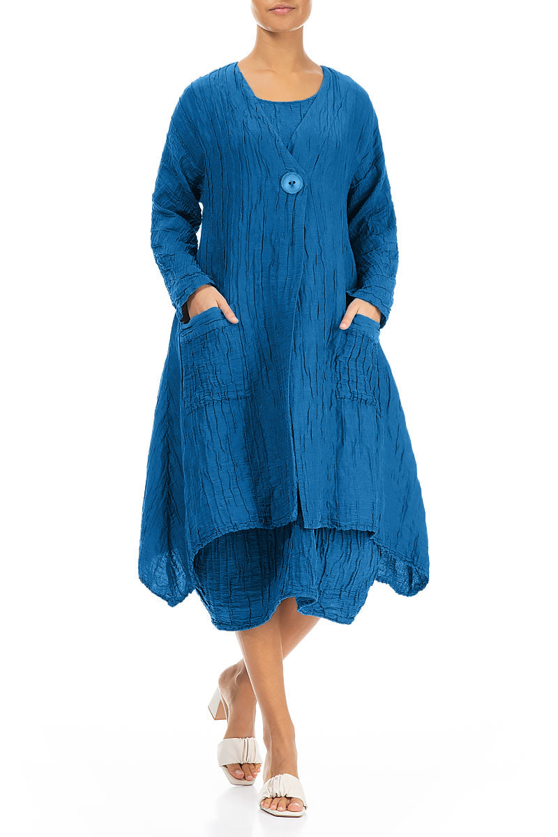 Dropped Edge Crinkled Cobalt Blue Silk Linen Jacket 4