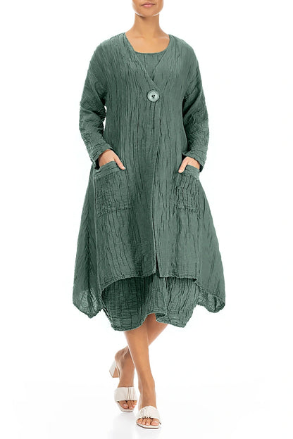 Seiden-Leinenjacke in Salbei mit abgerundetem Saum und Knittereffekt