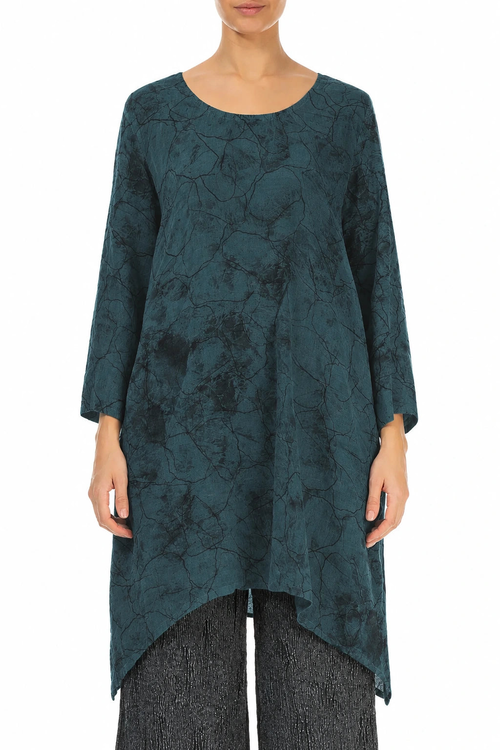 Dropped Edge Deep Turquoise Marble Crinkled Silk Tunic 1