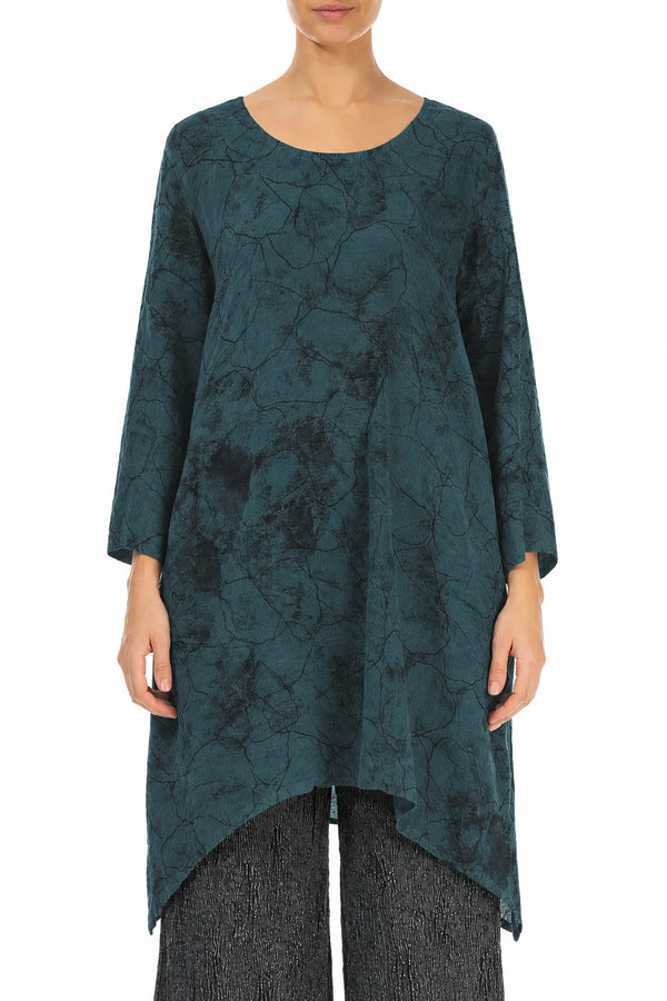 Dropped Edge Deep Turquoise Marble Crinkled Silk Tunic 1