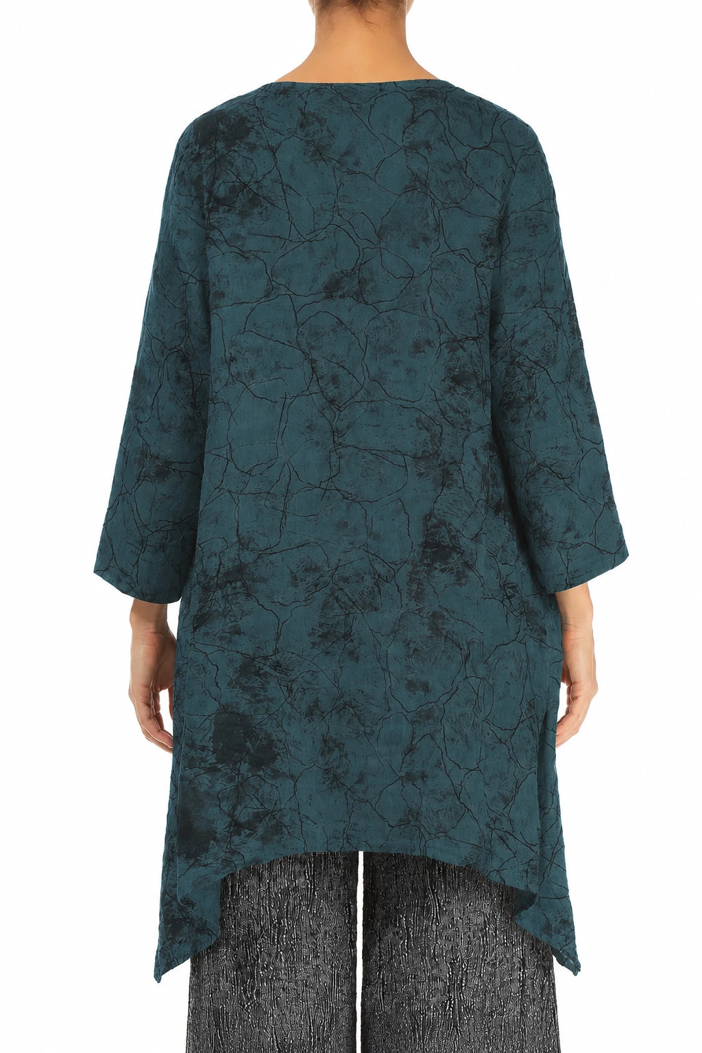 Dropped Edge Deep Turquoise Marble Crinkled Silk Tunic 2