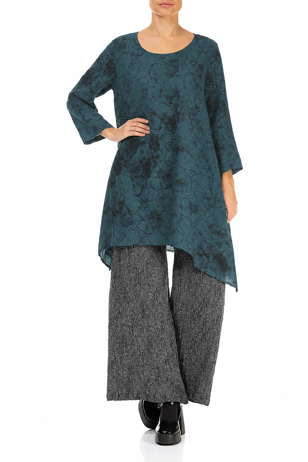 Dropped Edge Deep Turquoise Marble Crinkled Silk Tunic 4
