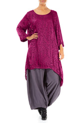 Dropped Edge Magenta Devoré Feather Silk Tunic 4