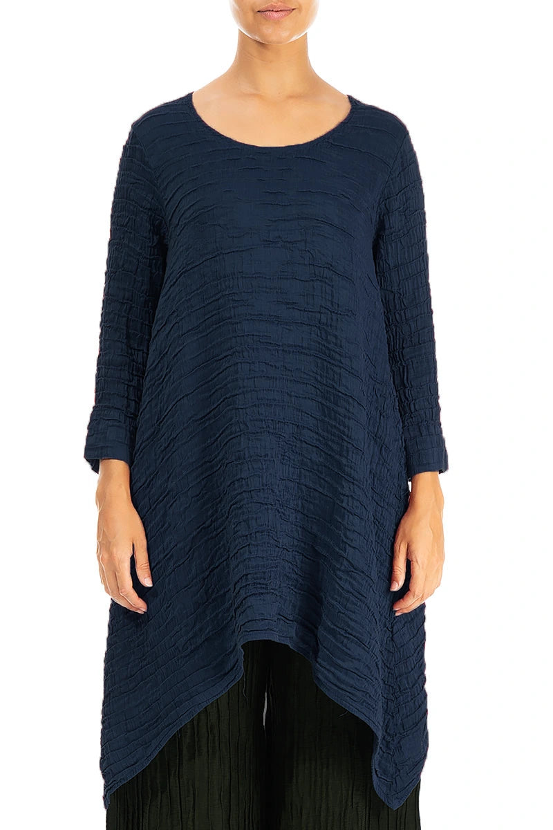 Dropped Edge Navy Crinkled Silk Tunic 1
