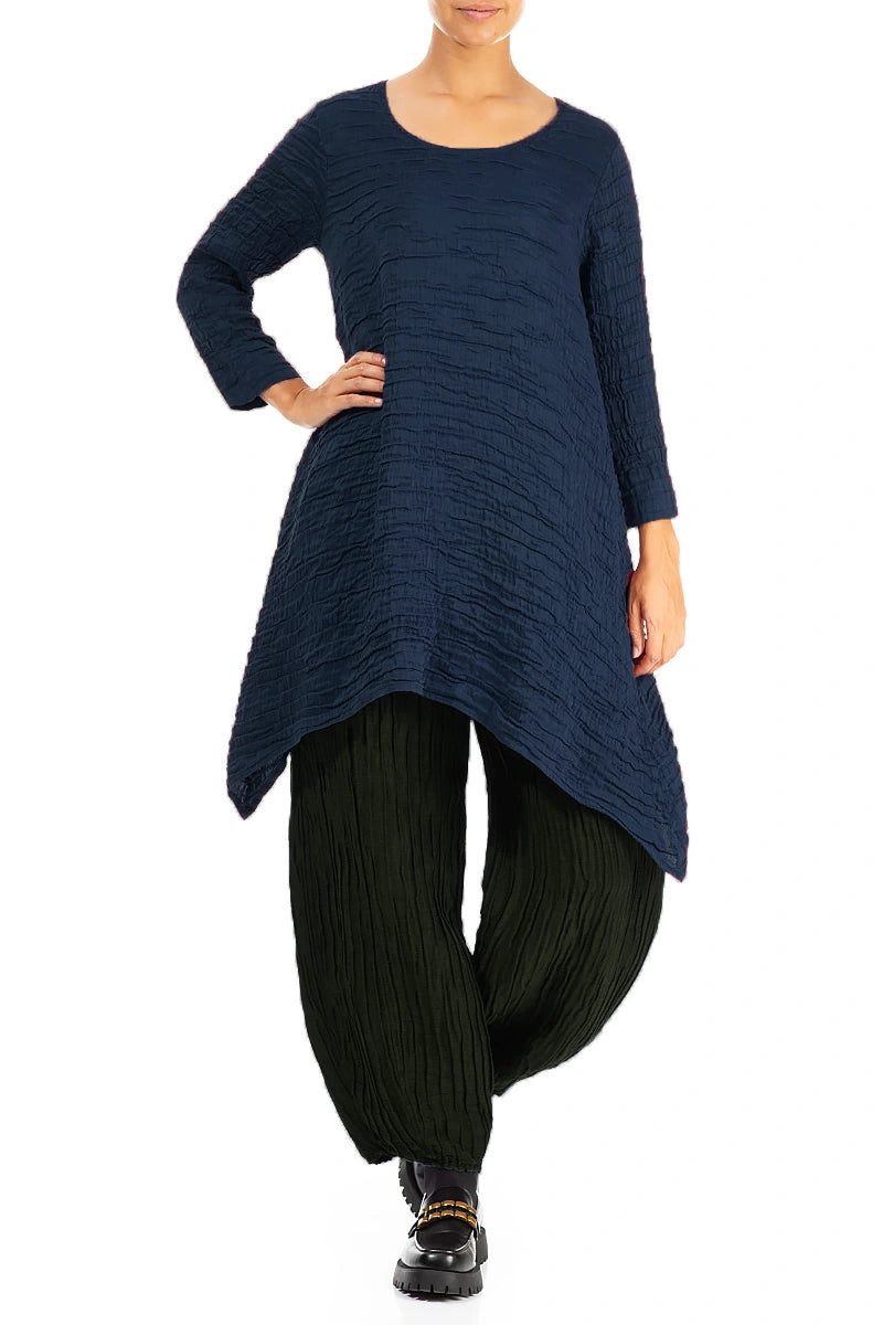 Dropped Edge Navy Crinkled Silk Tunic 4